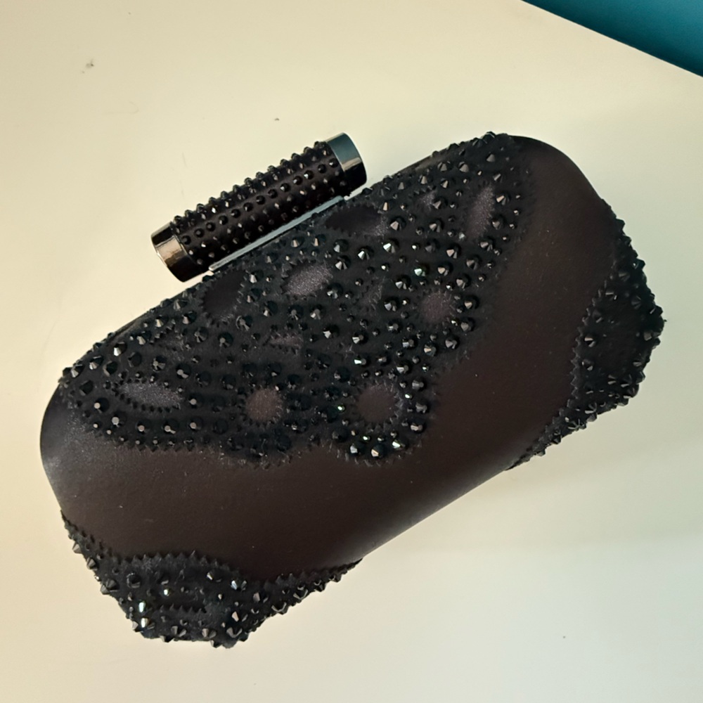 BADGLEY MISCHKA Satin Rhinestone Black Clutch with Chain